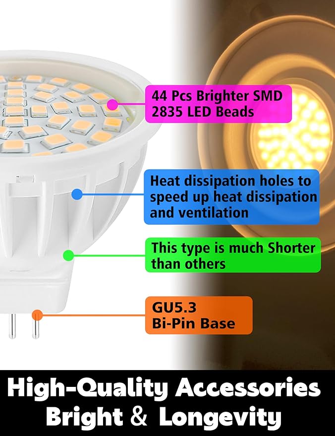 MR16 LED Bulbs Non-Dimmable 50W Halogen Equivalent, 2700K Warm White, 12V GU5.3 LED Spotlight Bulb, 120 Degree Flood Beam Angle for Landscape Track Ceiling Recessed Accent Lighting, 500LM, 6 Pack