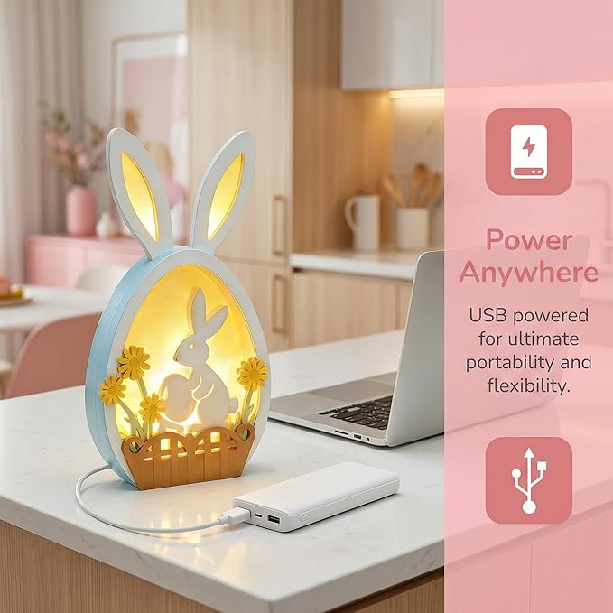 Easter Bunny Night Light - Pastel Glow USB Rabbit Lamp, Soft LED Bunny Decor for Easter Table, Home & Indoor Festive Decorations, Cute Spring Gift (Pink)