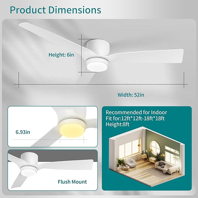 Ceiling Fans with Light,52inches Low Profile Ceiling Fan with Remote Control,Dimmable Light,3 Blade,Noiseless,Mordern White Ceiling Fan for Bedroom,living Room,Apartment