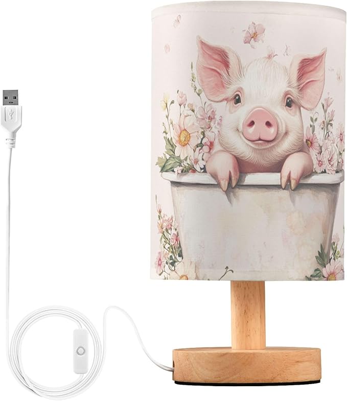 Cute Pig Pink Floral in Tub Table Lamp with Wood Base Fabric Lamp Shade Bedside Nightstand Desk Lamp for Living Room Bedroom Kids Room Office