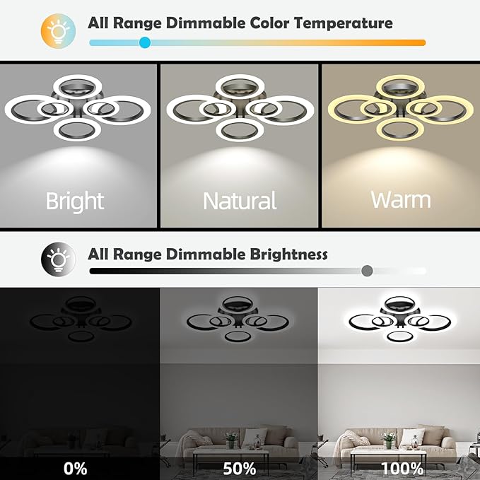 Modern LED Ceiling Light Fixture, 32" Dimmable Semi Flush Mount Ceiling Light with Remote & App Control 6 Ring Ceiling Lamp for Dining Room, Kitchen, Living Room, Bedroom, Office, Black
