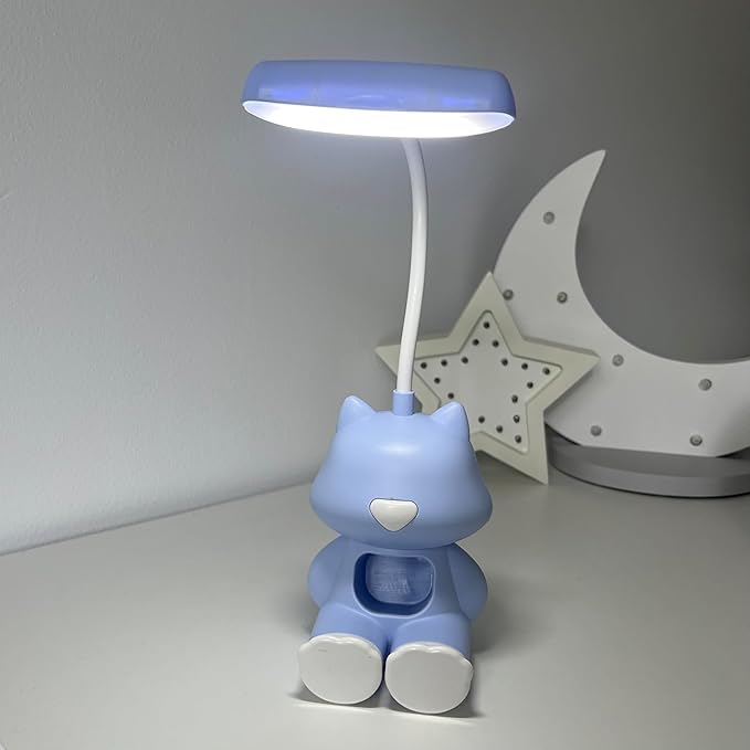 Cute Cat LED Desk Lamp with Phone Stand – Flexible Gooseneck, Rechargeable Battery, Small Organizer Compartment – Night Light for Kids' Rooms or Nursery (Blue)