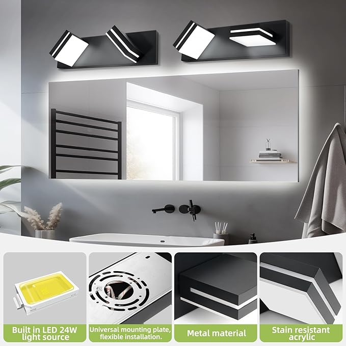 OKELI 2-Light Bathroom Vanity Light, Modern LED Vanity Light Over Mirror, Matte Black Acrylic Wall Light Fixture, 350° Rotatable Lamp Head, Cold White, Non-Dimmable, ETL Listed, 24 Inch