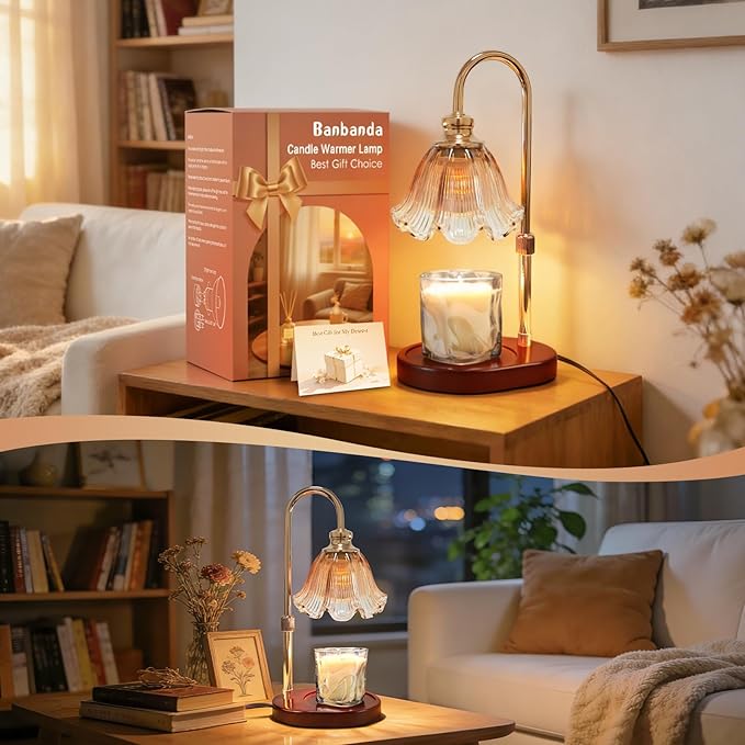 Candle Warmer Lamp with Timer: Birthday Gifts for Women, House Warming Gifts New Home Decor – Height Adjustable Candle Lamp for Mom, Anniversary - Walnut Solid Wood Base, with 2 Bulbs