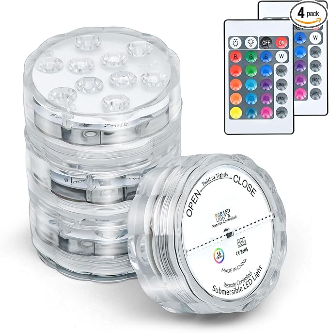Submersible Lights - 4-Pack Battery-Powered Waterproof IP68 Lights with Remote Control for Pools, Ponds, Hot Tubs, Aquariums, Yacht, Boat, Parties & Decorations