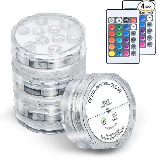 Submersible Lights - 4-Pack Battery-Powered Waterproof IP68 Lights with Remote Control for Pools, Ponds, Hot Tubs, Aquariums, Yacht, Boat, Parties & Decorations