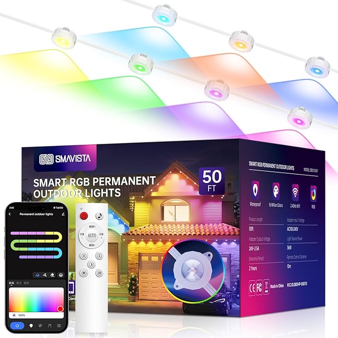 Smart Permanent Outdoor Lights, 50ft with 36 LED RGB String Lights, IP67 Waterproof Eaves Light with 44 Scene Modes for Halloween Christmas Birthday Holiday Party, APP/Voice/Remote Control