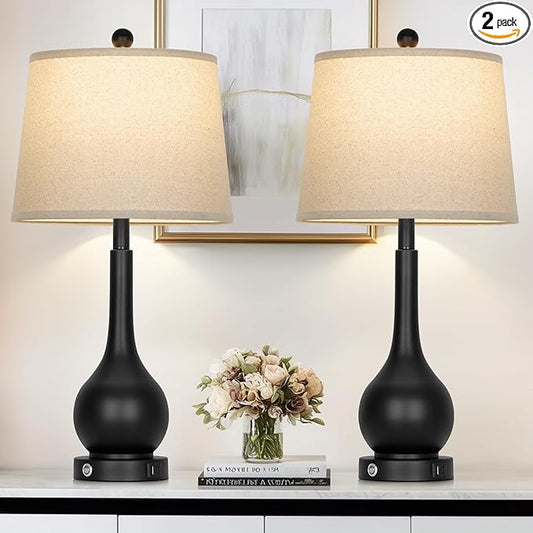 26" Black Table Lamps Set of 2, Touch Control Lamps for Living Room, 3-Way Dimmable Bedroom Bedside Lamps for Nightstands with USB A+C Port (2 LED Bulbs Included)