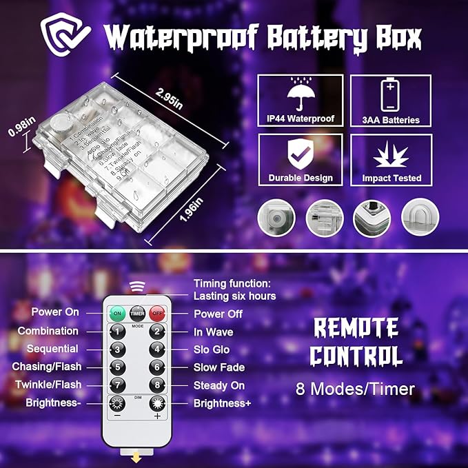 JMEXSUSS 2 Pack Halloween Fairy Lights Battery Operated, Total 200 LED 66ft Purple Christmas Lights with Remoter, 8 Modes Twinkle String Lights Light for Halloween Tree Indoor Outdoor Decorations