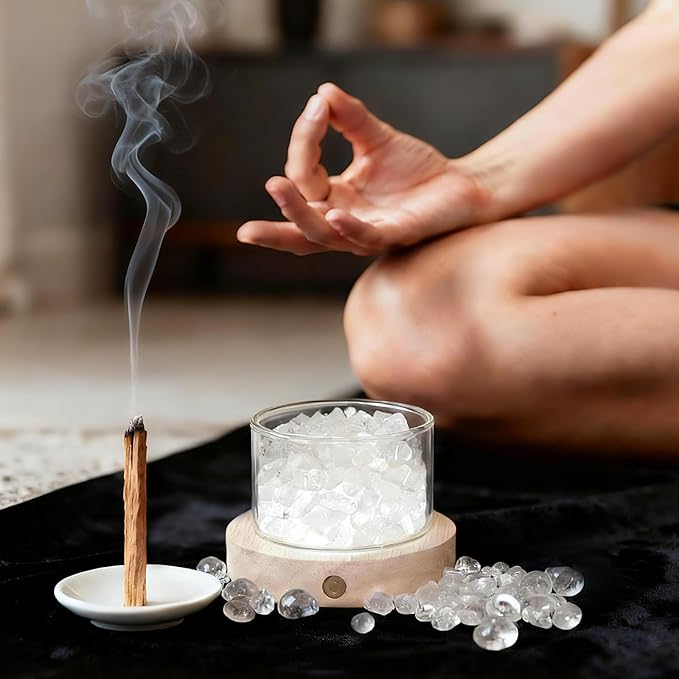 Quartz Crystals Lamp with Wooden Base & Palo Santo for Energy Cleansing, Spiritual Gift for Women, Chakra Light for Meditation Reiki Yoga Birthday Healing Crystals Home Office Decor Bedroom