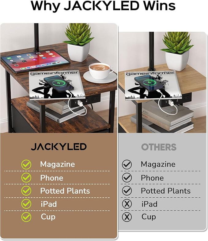 JACKYLED Floor Lamp with Table & 2 Drawers, 3 Color Temperature End Table Flood Lamps with Charging Station (USB, Type-C, AC), Vintage Side Table with Lamp for Reading, Bedroom, Living Room