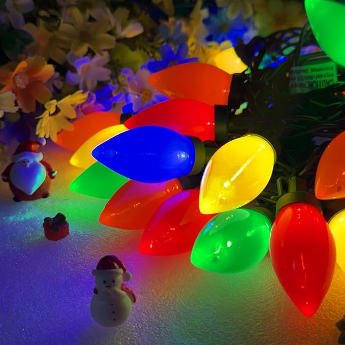 Xmas Decorations - 25Ft Multicolor C9 LED Christmas Lights Outdoor Waterproof, Plug in LED C9 Christmas Lights for House Tree Mantel Yard Indoor Outdoor Xmas Decor, 35 Shatterproof Bulbs, 0.6W