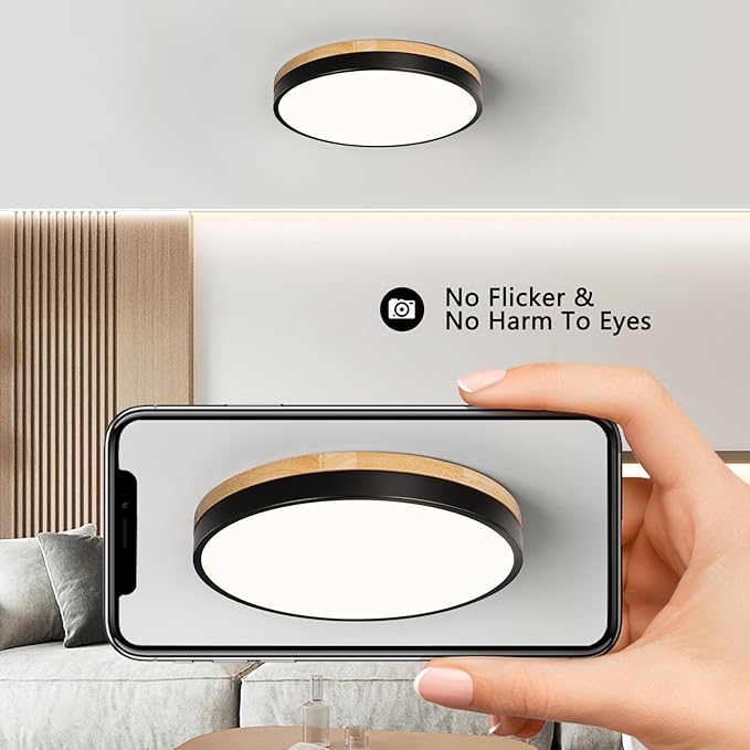 Modern Wood Ceiling Light,Round LED Flush Mount Ceiling Light,Minimalist Ceiling Lamp Black Ceiling Lighting Fixtures for Kitchen Bedroom Laundry Room Living Room Entryway Hallway&11.81 in