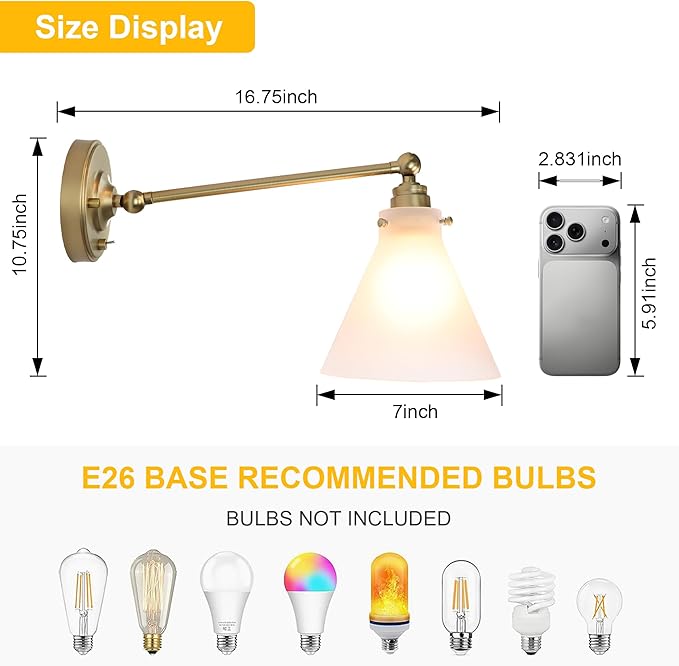 Industrial Vintage Slope Pole Wall Mount Single Sconce with Funnel Flared Clear Glass Shade, Swing Arm Wall Sconce Light Lamp Fixture Hardwired