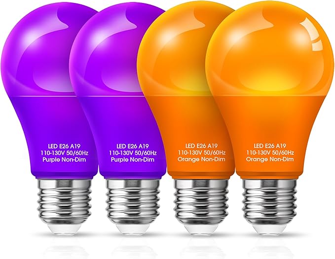 Orange Light Bulbs Purple Light Bulbs [4 Pack] - A19 LED Orange Bulb Purple Bulb 9W (60W Equivalent) - E26 Base Outdoor for Halloween Party Porch Holiday Decor
