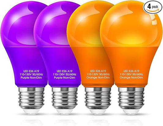 Orange Light Bulbs Purple Light Bulbs [4 Pack] - A19 LED Orange Bulbs Purple Bulbs Outdoor, E26 Base 9W Equivalent 60W for Halloween Party Porch Holiday Decor