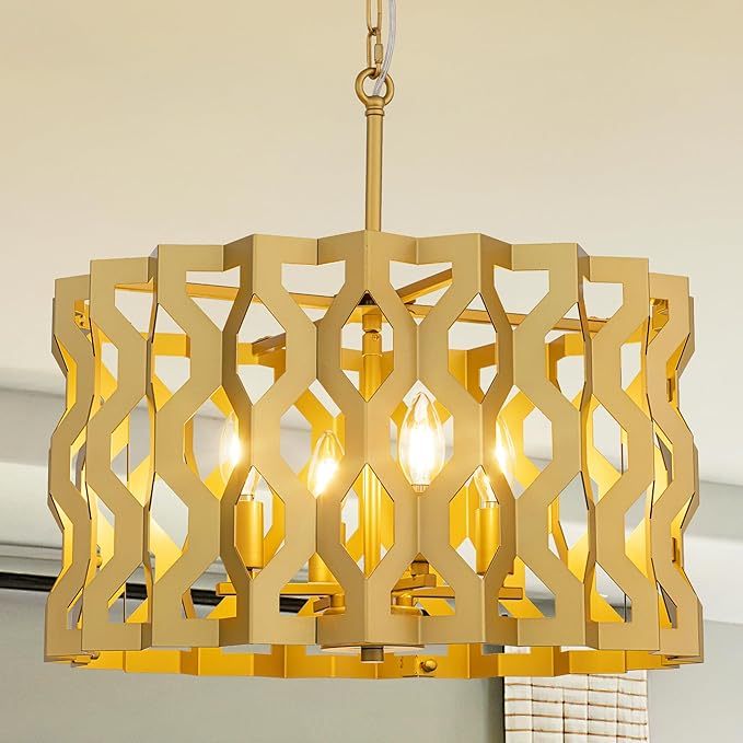 Wellmet Modern Chandelier Light,Gold Ceiling Light Fixture for Dining Room,4 Light Drum Farmhouse Geometric Pendant Light,Round Large Chandelier for Bedroom,Living Room,Cabin,Foyer,Kitchen Island 20"D