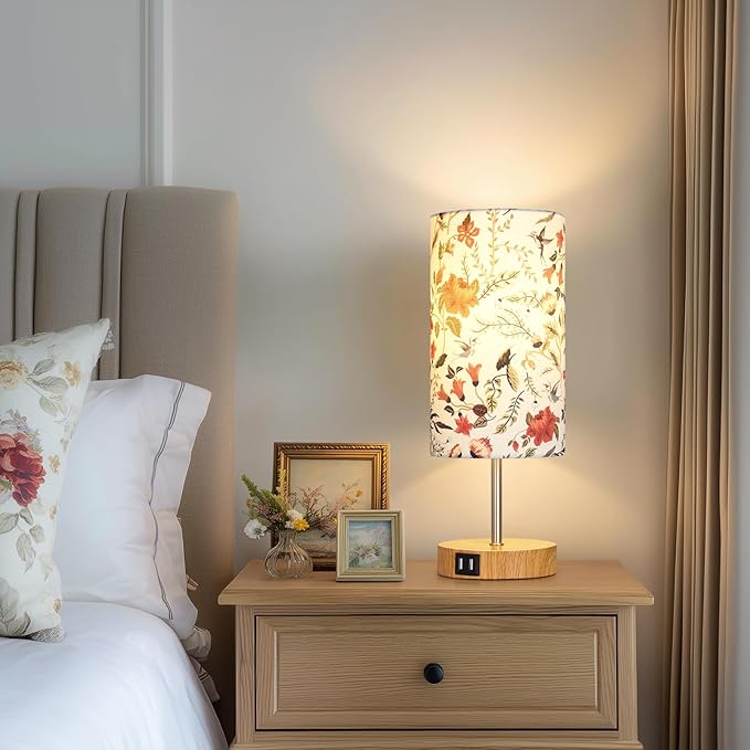 Bedside Touch Lamp with Flower Fabric Shade, 3 Way Dimmable Wood Bedroom Lamp for Nightstand with 2 USB Charging Ports, Small Table Lamp for Living Room Reading Desk (LED Bulb Included)