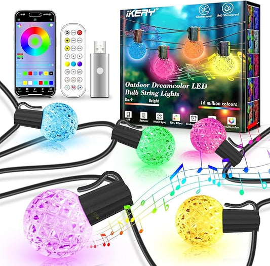 IKERY 100Ft Outdoor String Lights USB 5V RGB Globe Led Patio Lights with50 Shatterproof Bulbs,Waterproof Hanging Lights for Room Café Bistro Pergola Garden Backyard Halloween Christmas