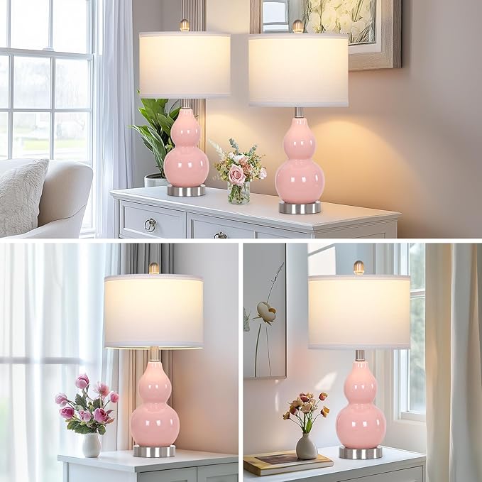 Double Gourd Ceramic Table Lamps Set of 2, Modern Pink Bedside Lamps for Night Stand, Contemporary Nightstand Lamps for Bedroom Living Room (Bulb Included)