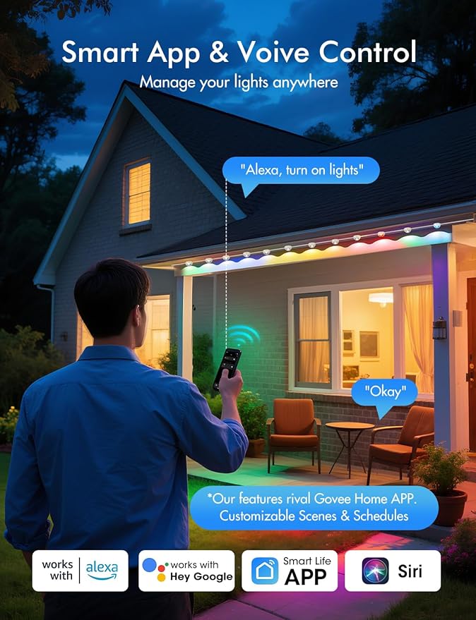 Permanent Outdoor Lights, RGB+IC Christmas Lights Outdoor with 51 Scene Modes, 124ft with 72 LED Outside Light for House, IP67 Waterproof , Work with Alexa, Google Assistant, Quick Installation