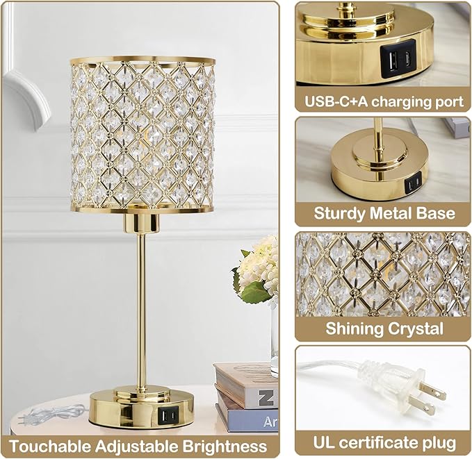 GyroVu Crystal Table Lamp for Bedroom, Touch Control Bedside Lamp with USB-C+A Ports, Dimmable Gold Bedside Lamp with Bulb, Nightstand Lamp Modern Light for Living Room
