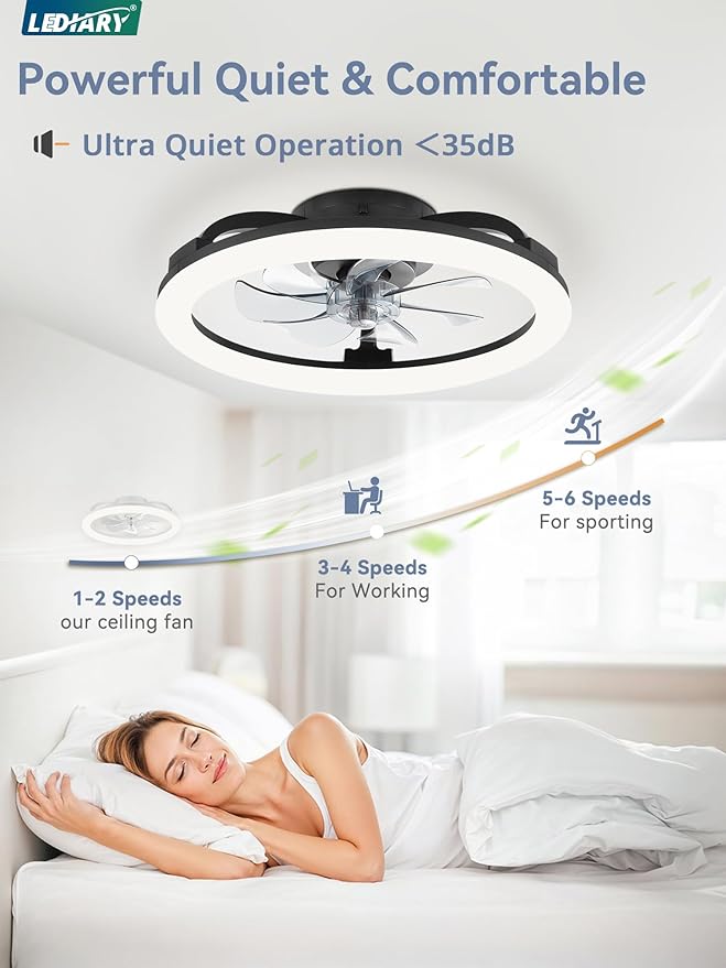 LEDIARY 20 Inch Low Profile Ceiling Fans with Lights and Remote, Dimmable Modern Fan Light(3000K-6000K), 6 Speed, Reversible, APP & Remote Control, Flush Mount Ceiling Fan for Bedroom, Black