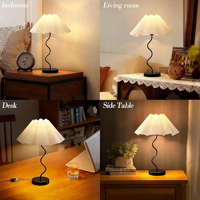 Small Table Lamp, Pleated Table lamp for Bedroom, Bedside Lamps for Nightstand with Linen Lampshade, Modern Lamp for Bedroom Home Office Decor, Black.