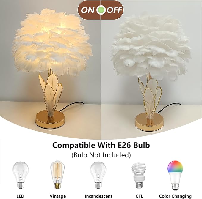 Chic White Feather Lamp Creative Furry Table Lamp Modern Feather Desk Lights Romantic Princess Bedside Nightstand Light for Teen Girls Bedroom Decoration Living Room Wedding Kids Room