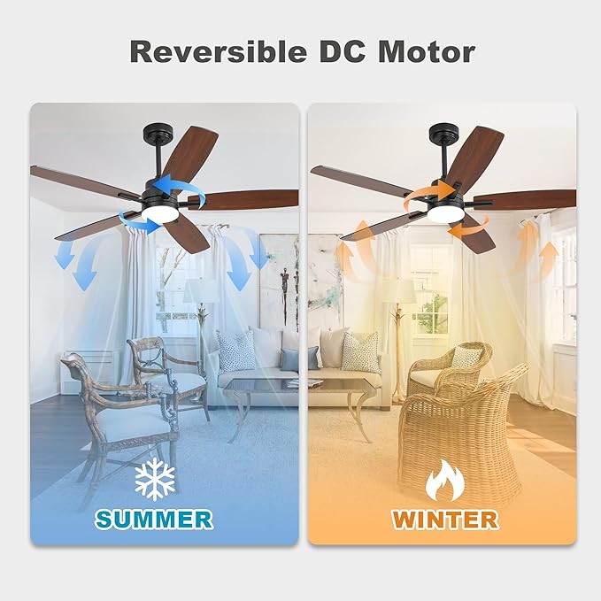 52" Remote Control Ceiling Fan with Light – 6-Speed Quiet DC Motor, Dimmable 3-Color LED, Flush Mount for Bedroom, Living Room, Dining Room,BLACK