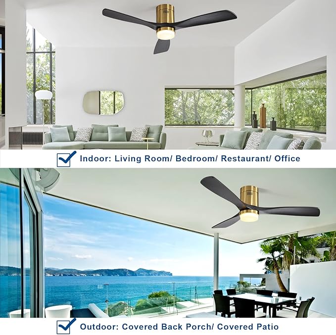 Sofucor Low Profile Ceiling Fan with Lights and Remote Control, 52" Wood Ceiling Fan with 3 Color Temperature & Adjustable Brightness, Black Wood