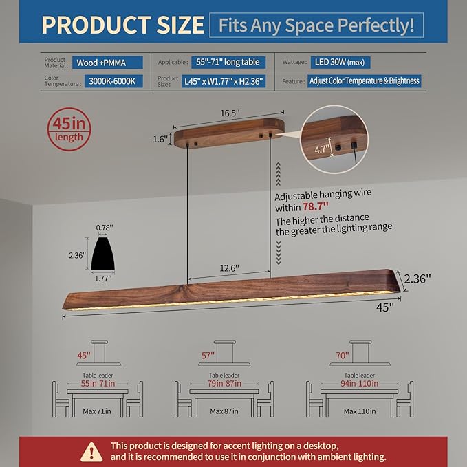45" Wood Linear Pendant Light, Dimmable Kitchen Island Lighting with Remote, 30W LED Island Lights for Kitchen, Adjustable Linear Chandelier for Dinning Room Light Fixture, Bar, Pool Table - Walnut