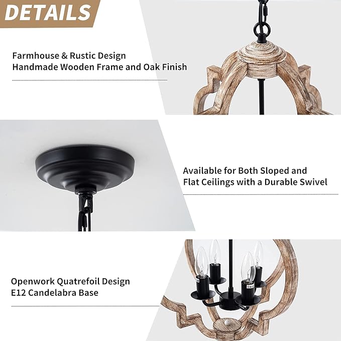 16.14" 4-Light Farmhouse Wood Chandelier, Rustic Orb Pendant Lighting Fixture with Adjustable Chain, Vintage Ceiling Hanging Lights for Foyer Entryway Dining Room Kitchen Island, Handmade Oak Finish