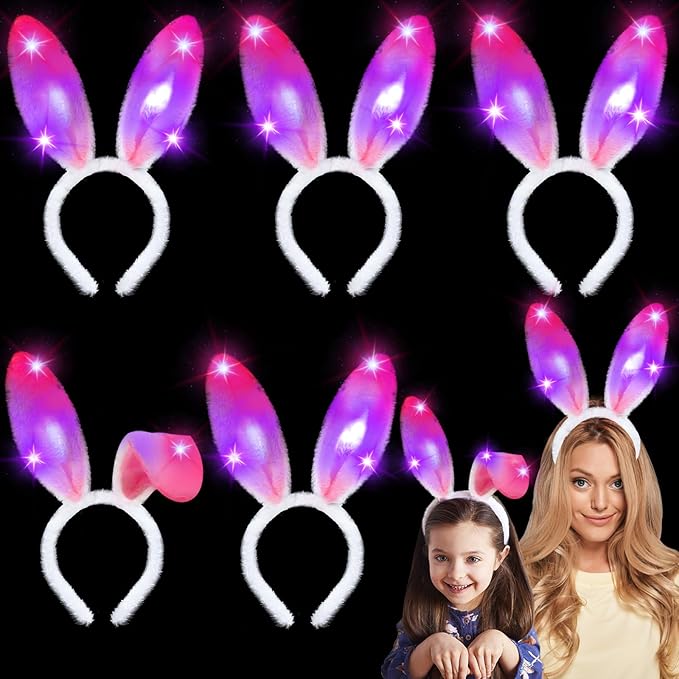 Camlinbo 6 PCS LED Light up Bunny Ears, Plush Rabbit Ear Headband Easter Gifts Basket Stuffers Party Favor Supplies for Women Girls Boys