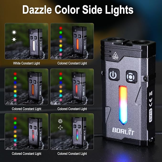 BORUIT EV10 Rechargeable EDC Flashlight with Spot and Flood, Super Bright Pocket Flashlights with Clip, RGB Light & IP66 Waterproof, Dual Switch Small Flashlight Magnetic for Outdoors, Emergency