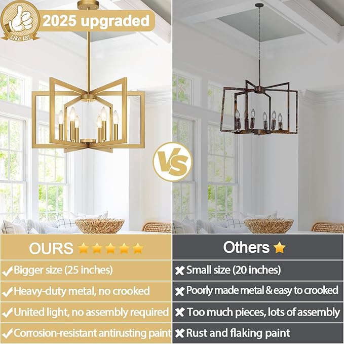 25" Modern Gold Chandelier for Dining Room, No Assembly Required Gold Dining Room Light Fixture Over Table, Industrial Metal Hanging Pendant Lights Fixture for Kitchen Island, Entryway, Foyer