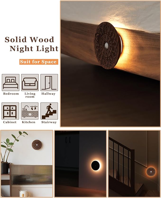 Motion Sensor Night Light Wood USB Rechargeable Stick-On Step Lights Magnetic Small Wall Lights for Hallway Bedroom Living Room Stair, Carved Black Walnut