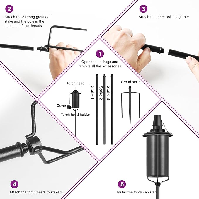 Home Garden Torch Set of 6, 16oz Outdoor Metal Torch Garden Décor, 59-Inch Upgraded Citronella Torches with 3-Prong Grounded Stake, Metal Light Torches for Party Patio Pathway