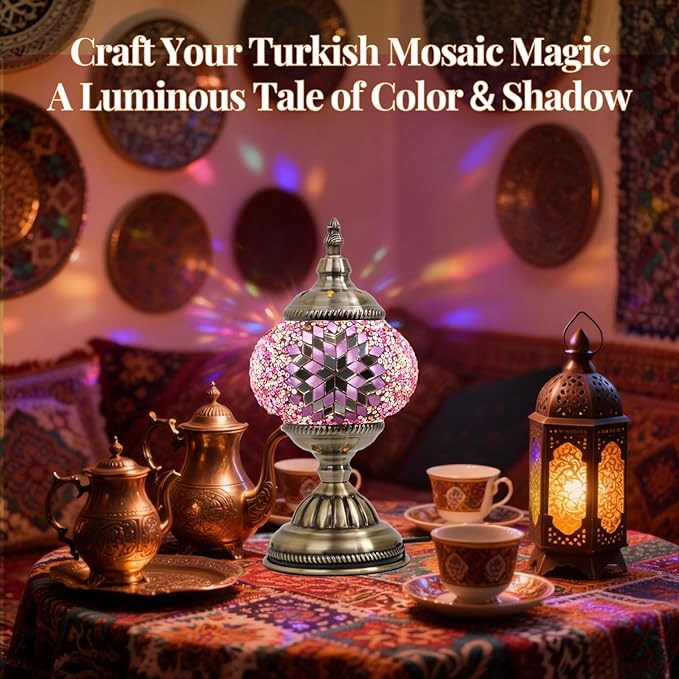 DIY Turkish Mosaic Lamp Kit, Stained Glass Table Lamp Making Kit- Easy and Fun, No Experience Needed, Mosaic Art & Craft Project Kits for Adults & Teens, Make Your Own Table Lamp,Pink