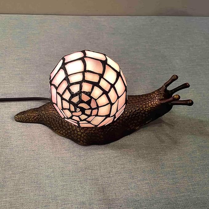 Bieye L10962 Land Snail Tiffany Style Stained Glass Accent Table Lamp for Home Decoration (Pink, 10" D x 5" W x 5" H)