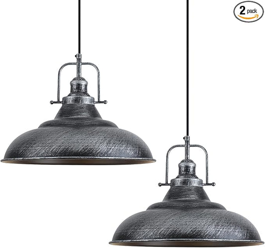 16 Inch Farmhouse Pendant Lights, Black and Silver Pendant Light Kitchen Island, Large Industrial Pendant Lights, Vintage Farmhouse Pendant Light for Kitchen Island, Dining Room (2 Pack)