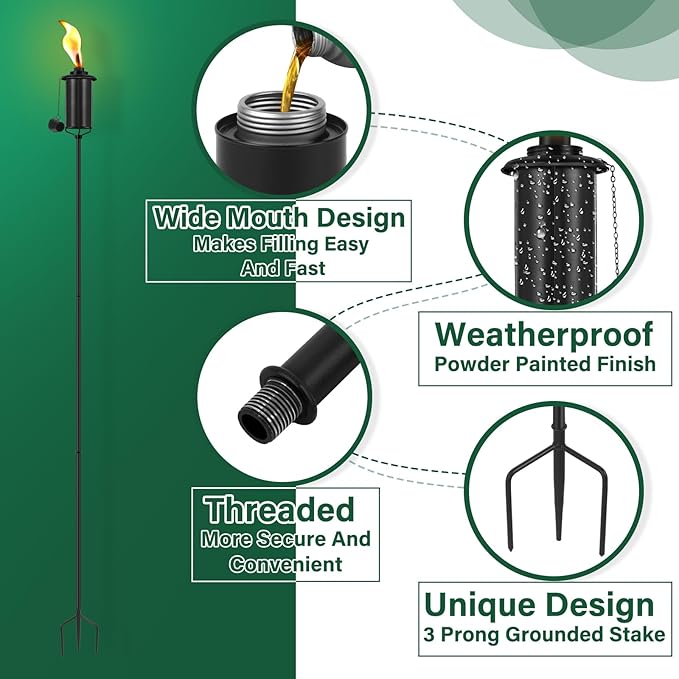 4 Pack Garden Torches, 16 oz Metal Torch for Outside with 3-Prong Grounded Stake, Outdoor Decorative Citronella Torches, 59 inch Garden Décor Torches