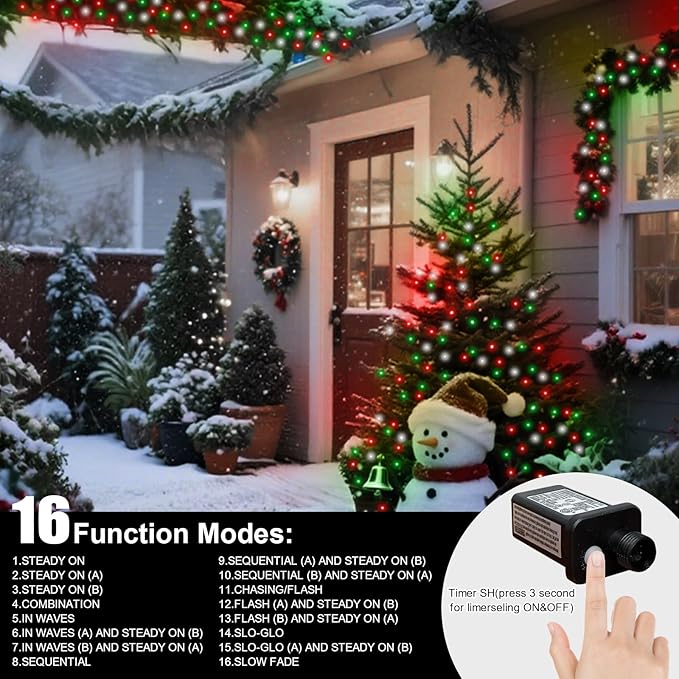LAMPHOME 66ft Christmas Decorative Mini Lights, 200 LED Green Wire Fairy Starry String Lights Plug in, 16 Lighting Modes for Outdoor Xmas Tree Wedding Party Decoration (Red Green White)