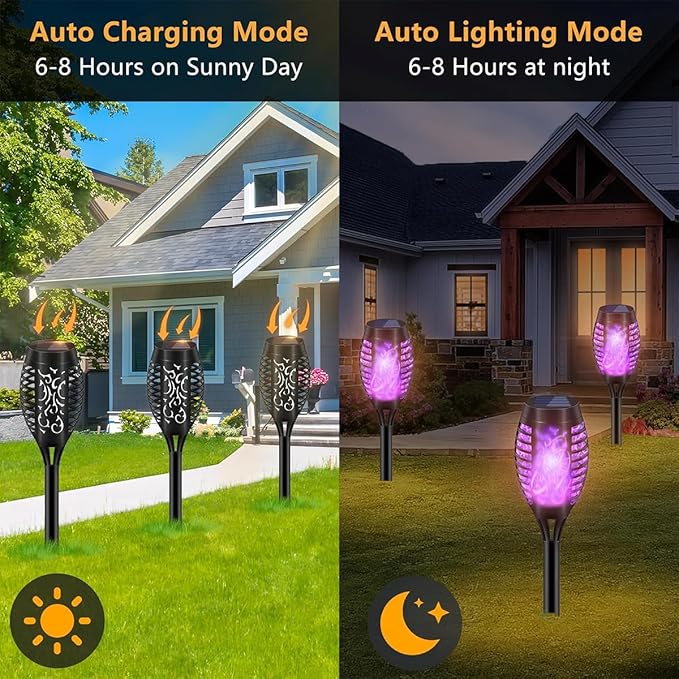 8 Pack Solar-Powered Flashlight Torches for Outdoor use, Dancing and Flickering Flame Torches for Landscape Decoration, Suitable for Paths, lawns, terraces (Purple)