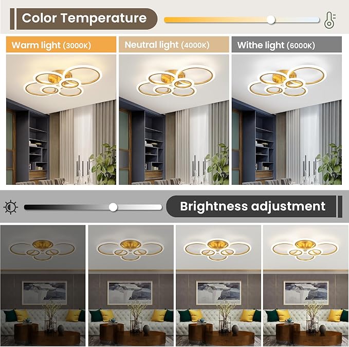 Gold Modern Flush Mount Ceiling Light,6 Rings Dimmable LED Modern Ceiling Light Fixture with Remote,Close to Ceiling Lamp for Living Room Bedroom Kitchen Lighting Fixtures Ceiling Mount