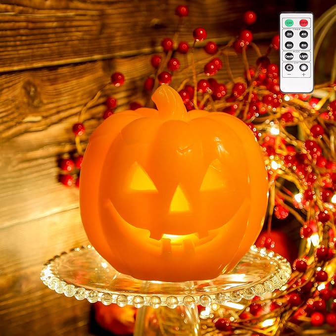 Halloween Smile Lighted Pumpkin with 10-Key Remote, Pumpkin Shaped Flameless Real Wax Flickering Candle with Timer for Home Table Centerpiece Decoration