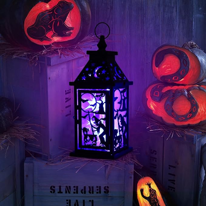 DECORKEY Halloween Decorations Indoor, 14.9" Decorative Witch & Bat Candle Lantern with 82" LED Lights(8 Modes; No Battery), Hanging Spooky Halloween Lanterns, Outdoor Home Room Door Party Decor
