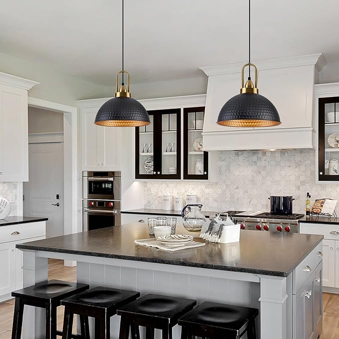 Black Pendant Lights Kitchen Island Industrial Adjustable Height Vintage Farmhouse Dome Hanging Light Fixtures for Barn, Dining Room 2 Packs