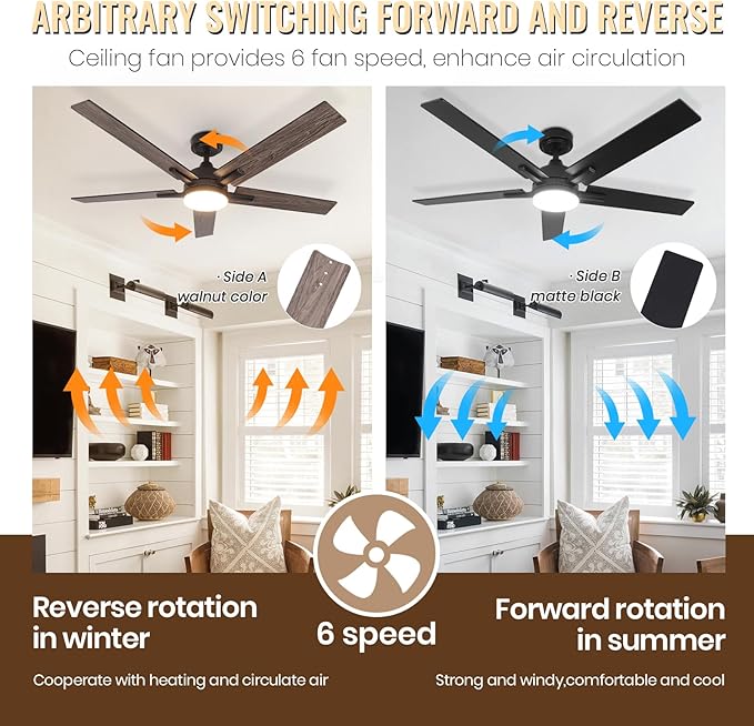 Ceiling Fans with Lights, 52 inch Black Ceiling Fan with Light and Remote Control, Reversible, 3CCT, Dimmable, Noiseless, Small Ceiling Fan for Bedroom, Indoor/Outdoor Use