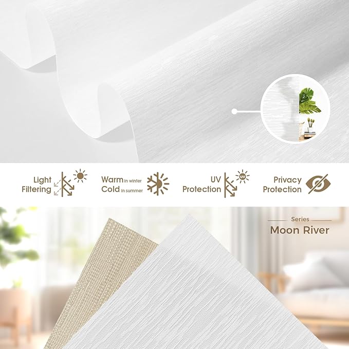 HeyBlinds Motorized Roller Shades, Smart Blinds for Windows, Remote Automatic Window Shades, Electric Shades, Light Filtering, Compatible with Alexa Google Apple Home (Moon River-White LF)